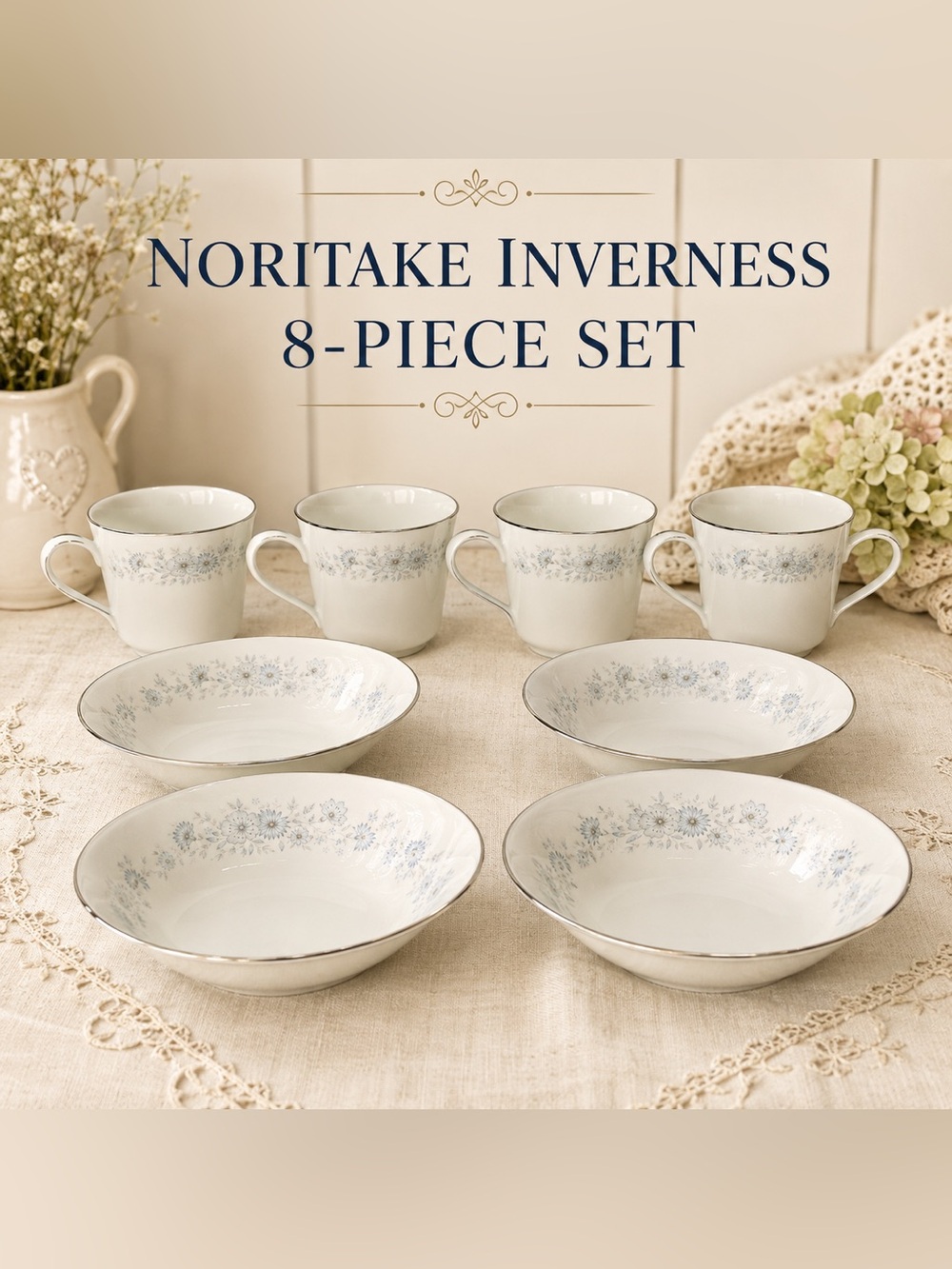Noritake Inverness 8-Piece Dinnerware Set - White with Light Blue Floral